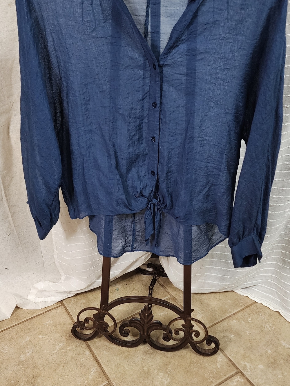 Halogen Navy Sheer Button-Front Tie Hem‎ Blouse